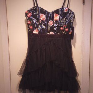 City Studio blk tier nylon dress with floral embroidery & rhinestones 11 New!